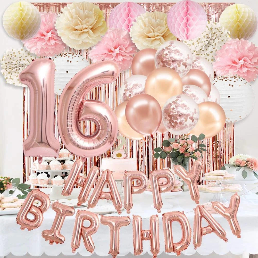 16th Birthday Party Decorations with Happy Birthday Balloons Foil Curtain Rose Gold Foil Dots Paper Lanterns Sweet 16 Birthday