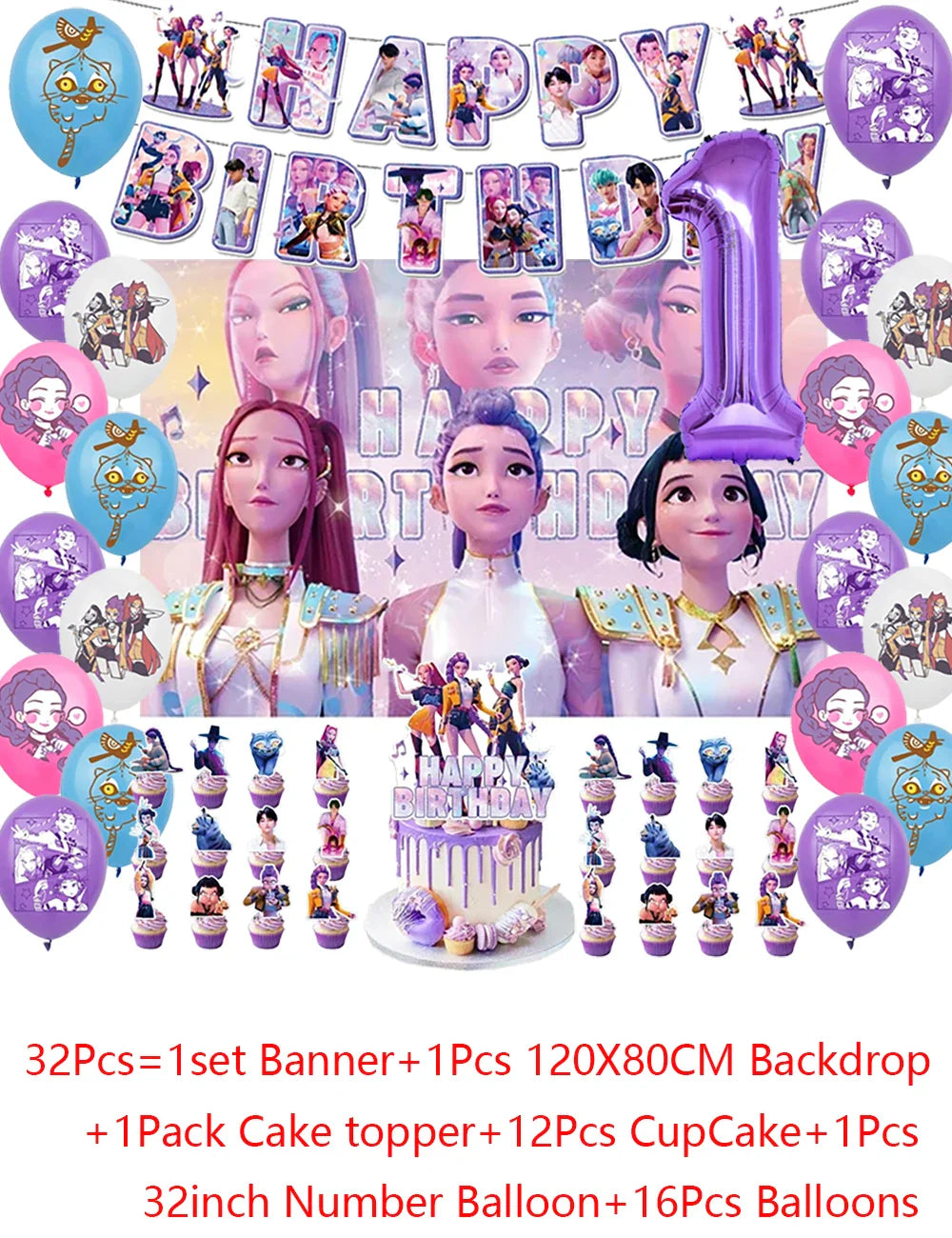 Demon Hunters Party Cutlery Set Banner Backdrop Balloons Cake Topper Outdoor Picnic Supply Birthday for Korean Kpop Anime Party