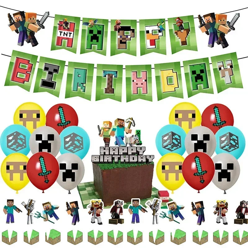 Party Decoration Game Theme Birthday Disposable Banner Hanging Balloon Cake Noodles Tableware Festival Decor Anime Accessories