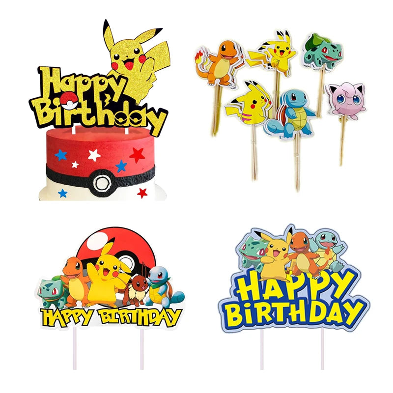 Pokemon Birthday Party Decoration Pikachu Balloons Disposable Tableware Cup Napkin Plate Tablecloth Baby Shower Cake Topper Flag