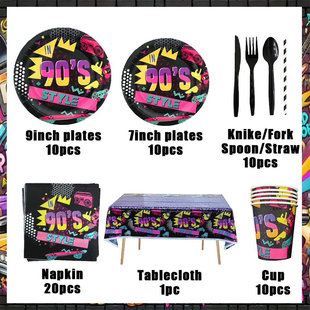 90’S Disco Party Decorations Back To 90s Backdrop Women Men Friend Birthday Music Party Disposable Tableware Balloon CakeTopper