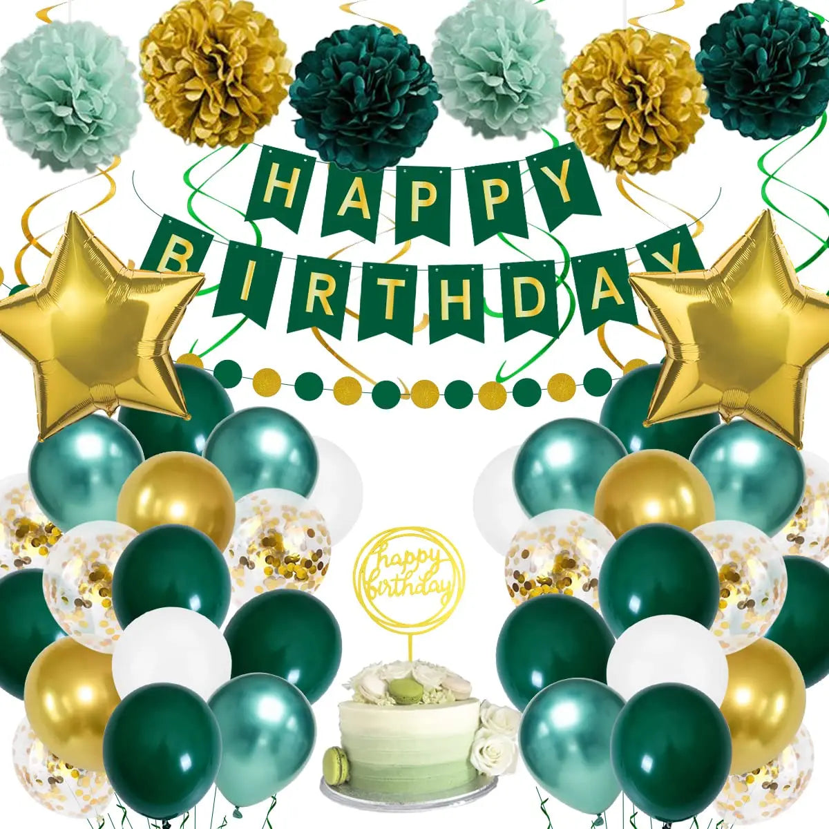 Birthday DecorationsGreen Gold Birthday Party Decorations Men Women Green Balloons with Happy Birthday BannerPaper Pompoms Confe