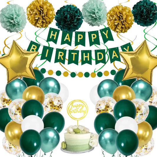 Birthday DecorationsGreen Gold Birthday Party Decorations Men Women Green Balloons with Happy Birthday BannerPaper Pompoms Confe