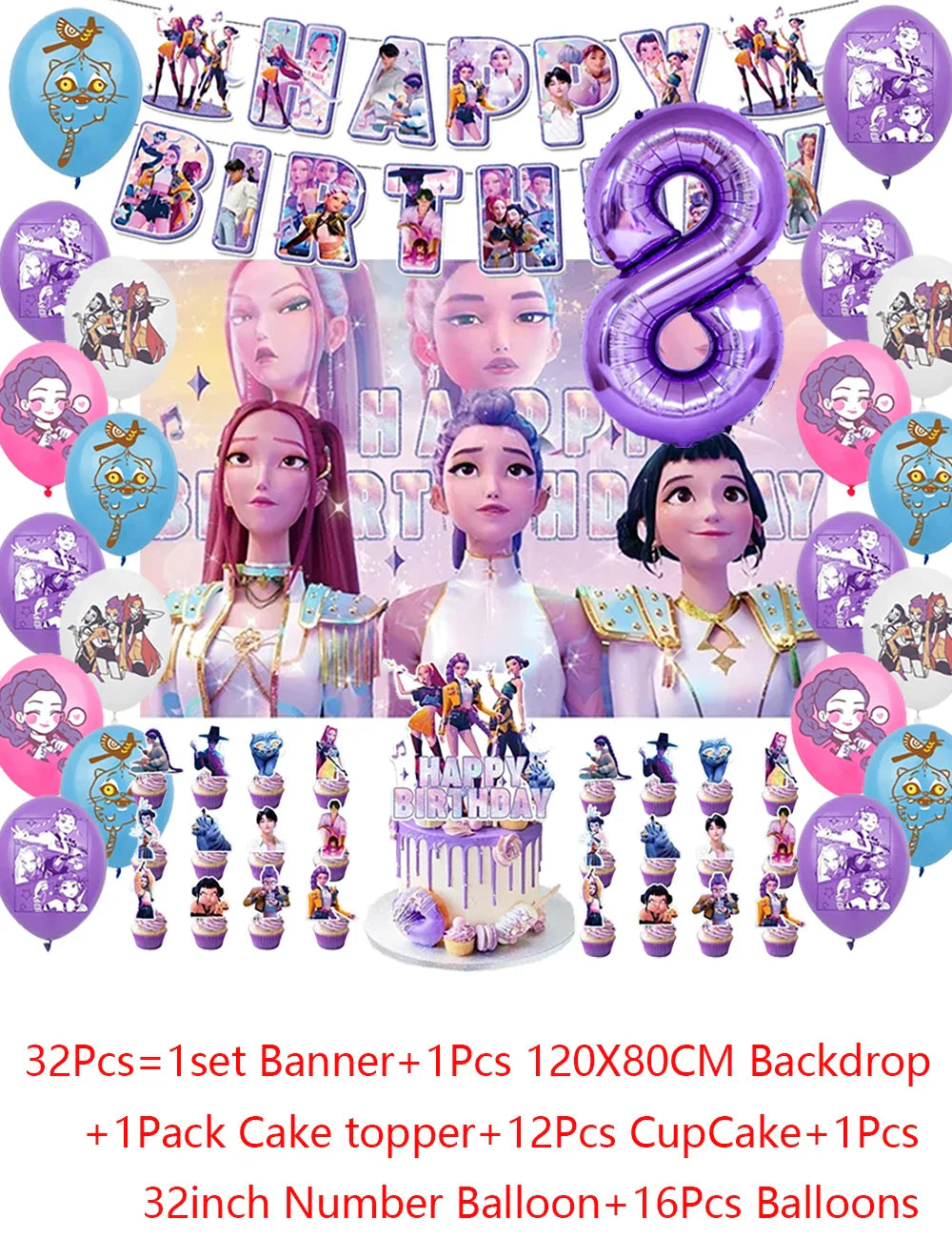 Demon Hunters Party Cutlery Set Banner Backdrop Balloons Cake Topper Outdoor Picnic Supply Birthday for Korean Kpop Anime Party