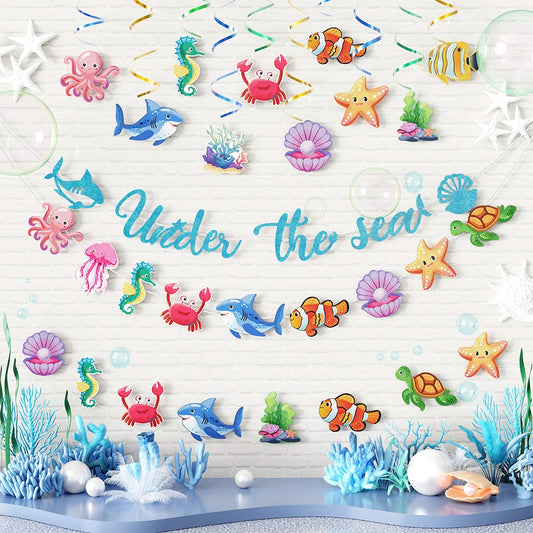 Ocean Party Decorations Under The Sea Banner Jellyfish Crab Seahorse Fish Sea Shell Hanging Swirls Baby Shower Birthday Supplies