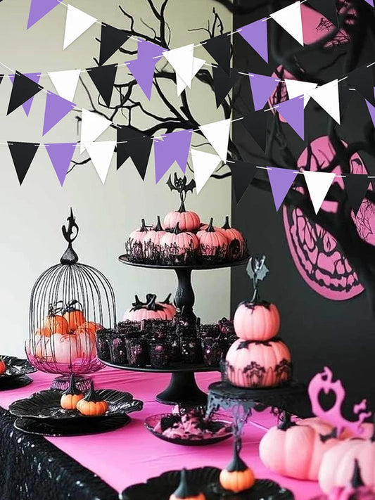 Purple, black, and white triangular banners, Halloween party decorations, purple themed birthday, wedding, and party decorations