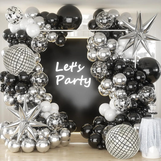 135 Pcs Silver Black White Balloon Garland Disco Ball Balloons Arch forBirthday Party Decorations New Years Party Decorations