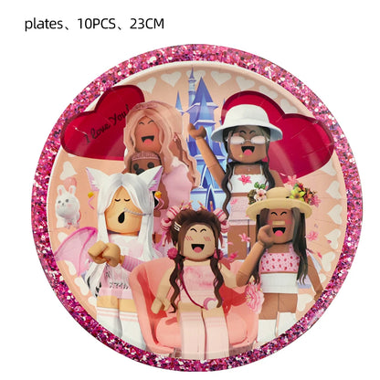 Pink Robloxed Theme Birthday Party Decorations Tableware Set Balloons Cups Plates Banner Backdrop for Girls Baby Shower Supplies