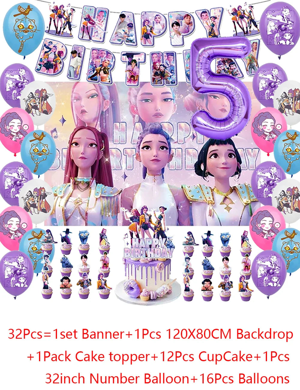 Demon Hunters Party Cutlery Set Banner Backdrop Balloons Cake Topper Outdoor Picnic Supply Birthday for Korean Kpop Anime Party