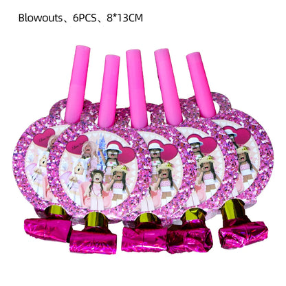 Pink Robloxed Theme Birthday Party Decorations Tableware Set Balloons Cups Plates Banner Backdrop for Girls Baby Shower Supplies