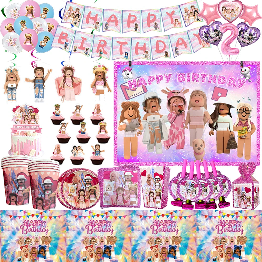 Pink Robloxed Theme Birthday Party Decorations Tableware Set Balloons Cups Plates Banner Backdrop for Girls Baby Shower Supplies