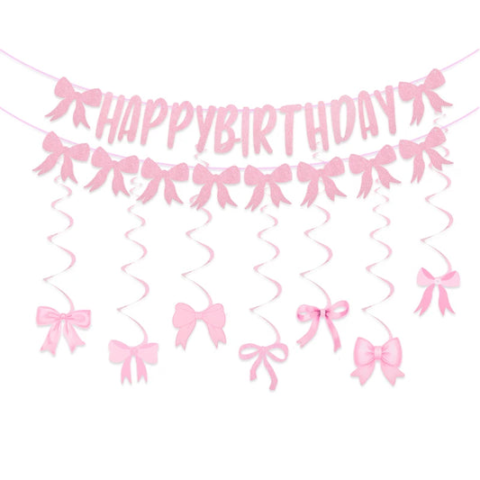 Happy Birthday Garland Pink Bow Banner Backdrops Decoration Kids Baby Shower Girl Party Supplies Bowknot Flag Hanging Decoration