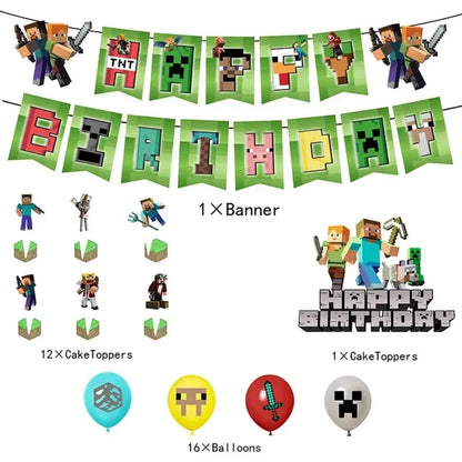 Party Decoration Game Theme Birthday Disposable Banner Hanging Balloon Cake Noodles Tableware Festival Decor Anime Accessories