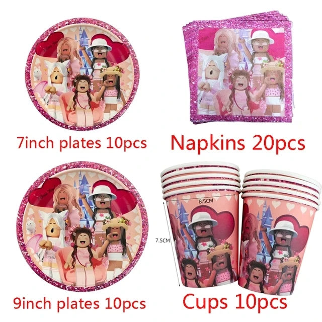 Pink Robloxed Theme Birthday Party Decorations Tableware Set Balloons Cups Plates Banner Backdrop for Girls Baby Shower Supplies