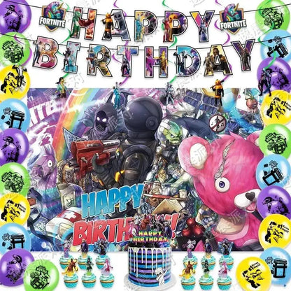 Fortnite Theme Happy Birthday Party Decorations Set Background Latex Balloons Banner Flag Cake Toppers Party Supplies