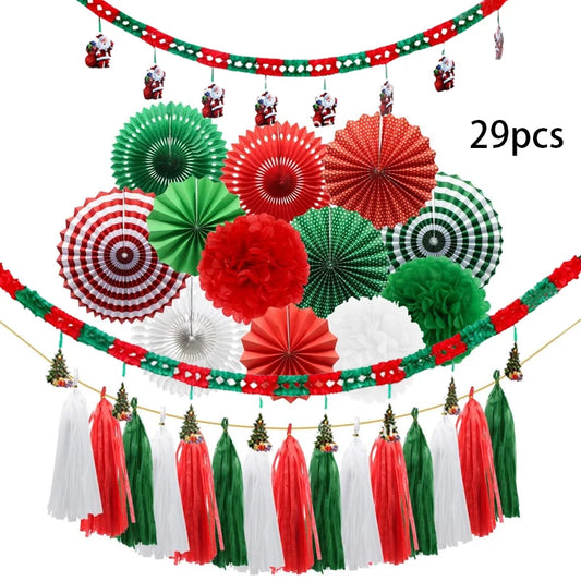 29-Piece Christmas Party Decoration Set - Hanging Paper Fans - Tassels - Paper Balls - Banner Decorations, Paper Christmas Ornaments - Christmas Party Decorations - Christmas Decorations for Indoor Home Decor