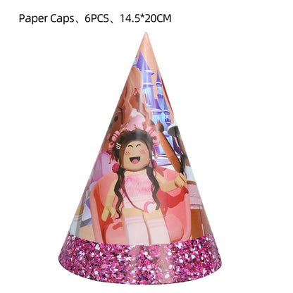 Pink Robloxed Theme Birthday Party Decorations Tableware Set Balloons Cups Plates Banner Backdrop for Girls Baby Shower Supplies