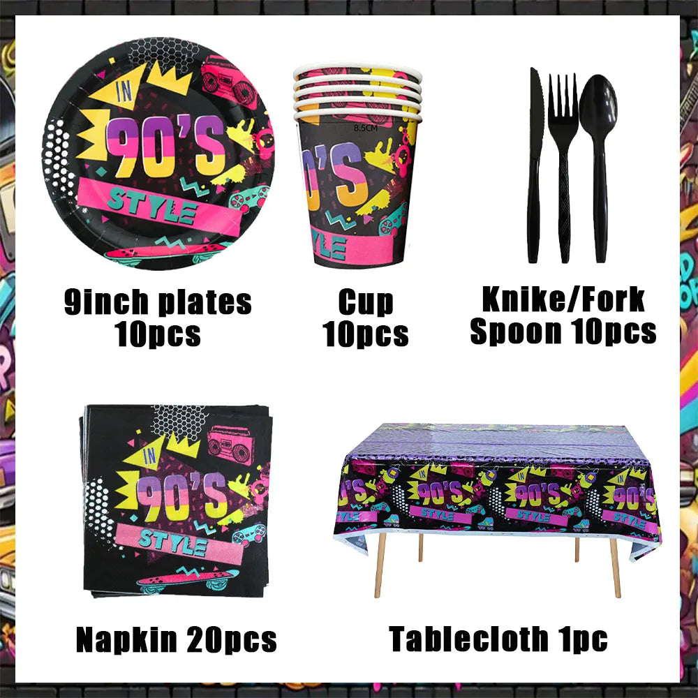 90’S Disco Party Decorations Back To 90s Backdrop Women Men Friend Birthday Music Party Disposable Tableware Balloon CakeTopper