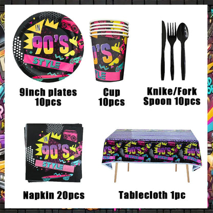 90’S Disco Party Decorations Back To 90s Backdrop Women Men Friend Birthday Music Party Disposable Tableware Balloon CakeTopper