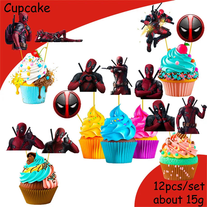 DEADPOOL Birthday Party Decorations Disposable Tableware Cake Topper Flag Kids Anniversaire Party Baby Shower Cake Kids Favors