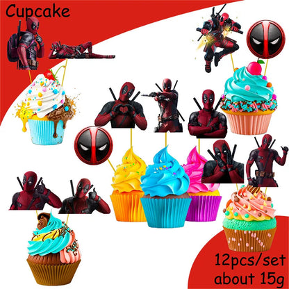 DEADPOOL Birthday Party Decorations Disposable Tableware Cake Topper Flag Kids Anniversaire Party Baby Shower Cake Kids Favors