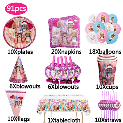 Pink Robloxed Theme Birthday Party Decorations Tableware Set Balloons Cups Plates Banner Backdrop for Girls Baby Shower Supplies