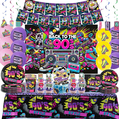 90’S Disco Party Decorations Back To 90s Backdrop Women Men Friend Birthday Music Party Disposable Tableware Balloon CakeTopper