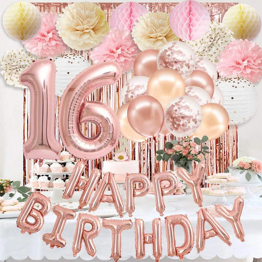 16th Birthday Party Decorations with Happy Birthday Balloons Foil Curtain Rose Gold Foil Dots Paper Lanterns Sweet 16 Birthday