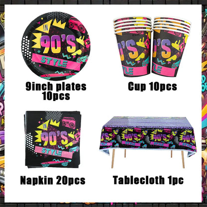 90’S Disco Party Decorations Back To 90s Backdrop Women Men Friend Birthday Music Party Disposable Tableware Balloon CakeTopper