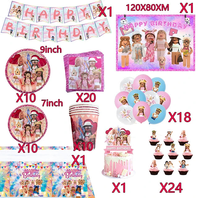 Pink Robloxed Theme Birthday Party Decorations Tableware Set Balloons Cups Plates Banner Backdrop for Girls Baby Shower Supplies