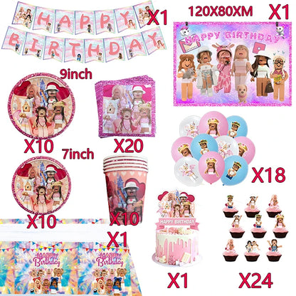 Pink Robloxed Theme Birthday Party Decorations Tableware Set Balloons Cups Plates Banner Backdrop for Girls Baby Shower Supplies