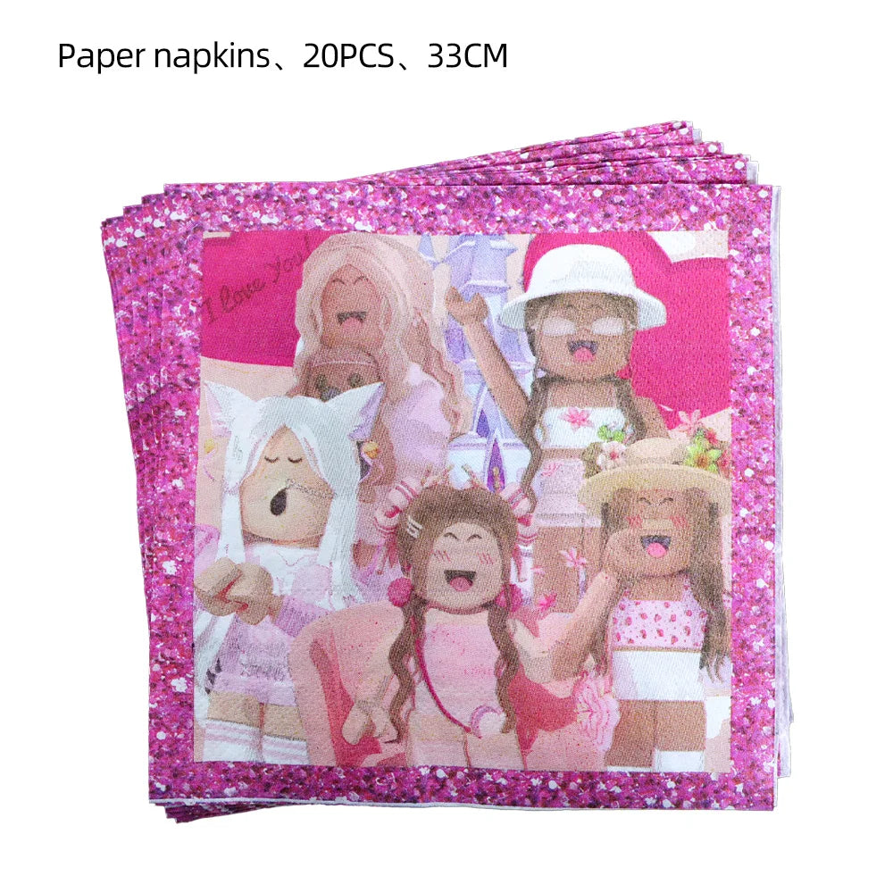 Pink Robloxed Theme Birthday Party Decorations Tableware Set Balloons Cups Plates Banner Backdrop for Girls Baby Shower Supplies