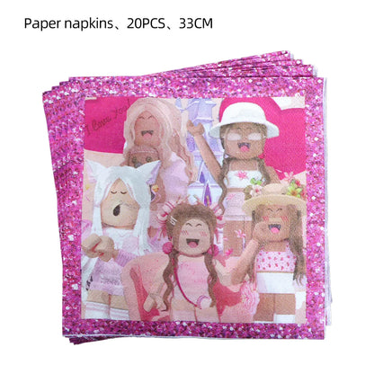 Pink Robloxed Theme Birthday Party Decorations Tableware Set Balloons Cups Plates Banner Backdrop for Girls Baby Shower Supplies