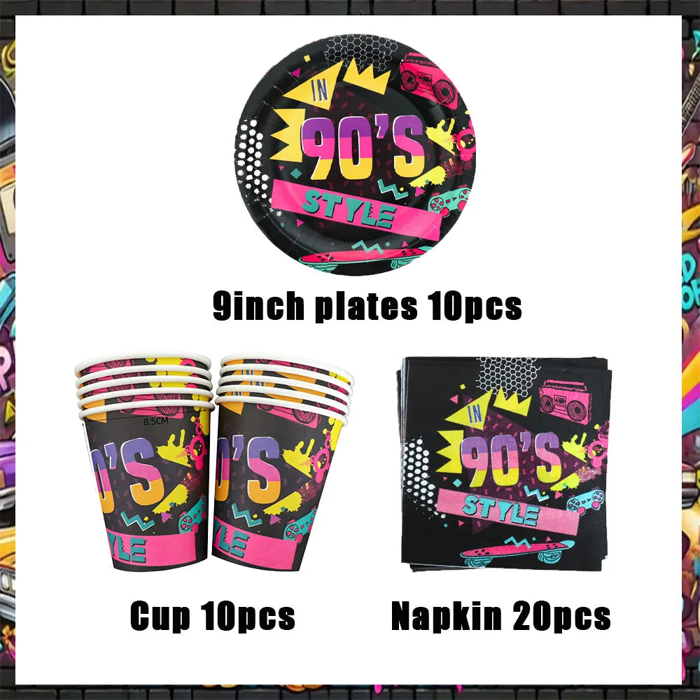 90’S Disco Party Decorations Back To 90s Backdrop Women Men Friend Birthday Music Party Disposable Tableware Balloon CakeTopper