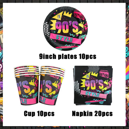 90’S Disco Party Decorations Back To 90s Backdrop Women Men Friend Birthday Music Party Disposable Tableware Balloon CakeTopper