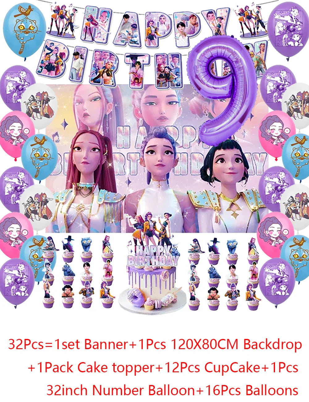 Demon Hunters Party Cutlery Set Banner Backdrop Balloons Cake Topper Outdoor Picnic Supply Birthday for Korean Kpop Anime Party