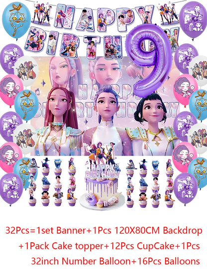 Demon Hunters Party Cutlery Set Banner Backdrop Balloons Cake Topper Outdoor Picnic Supply Birthday for Korean Kpop Anime Party