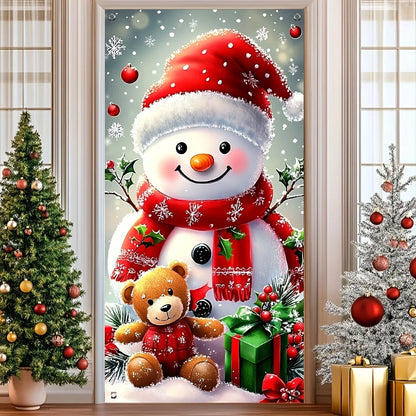 Merry Christmas Decorations Door Cover Banner Cute Snowman Bear Gift Backdrop Xmas Party Indoor Outdoor Background Deco Supplies
