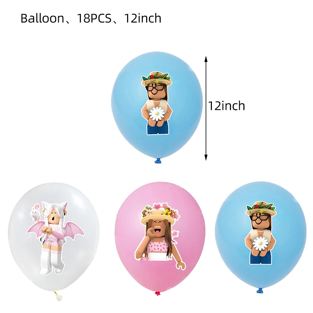 Pink Robloxed Theme Birthday Party Decorations Tableware Set Balloons Cups Plates Banner Backdrop for Girls Baby Shower Supplies