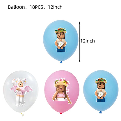 Pink Robloxed Theme Birthday Party Decorations Tableware Set Balloons Cups Plates Banner Backdrop for Girls Baby Shower Supplies