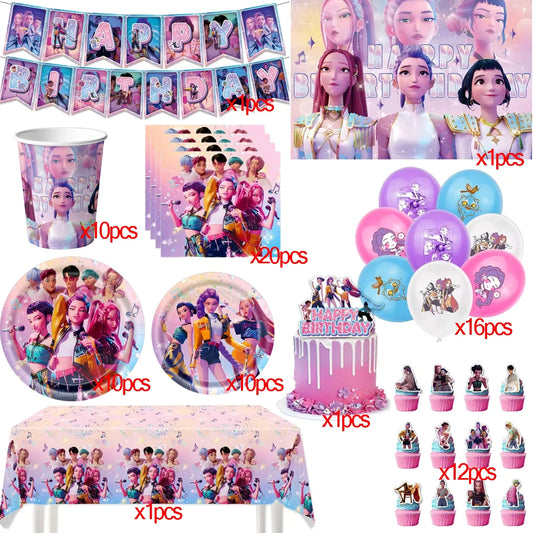 Kpop Demon Hunters Theme Disposable Tableware Set Party Supplies Huntrix Saga Boys Cake Toppings Hanging Cloth Party Decoration