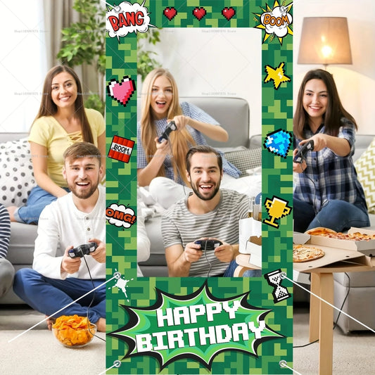 Happy Birthday Theme Party Decorations Photo Booth Frame Props Pixel Kids Game Decor Pixeled Background Banner Party Supplies