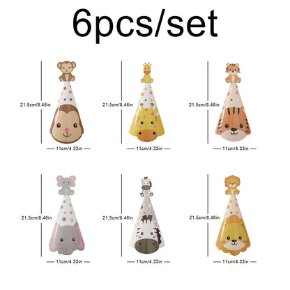 Forest animal jungle party decoration birthday hat Tiger elephant lion giraffe monkey zebra photo props headdress 1 set of 6 pie