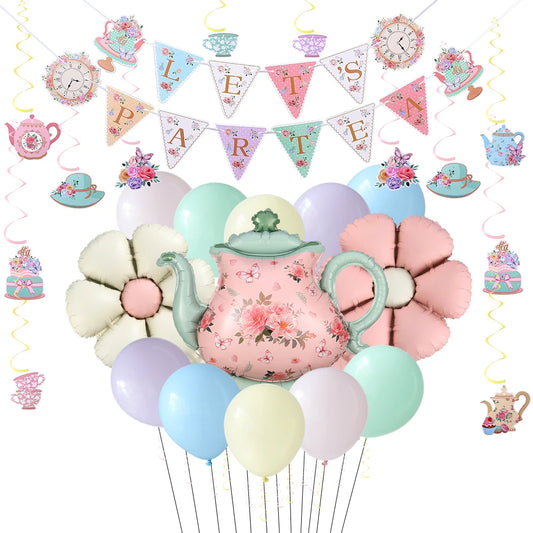 Tea Party Decoration Teapot Foil Balloon LET'S PARTEA Banner  Spiral Macaron Balloon Lady Birthday Afternoon Tea Party Supplies
