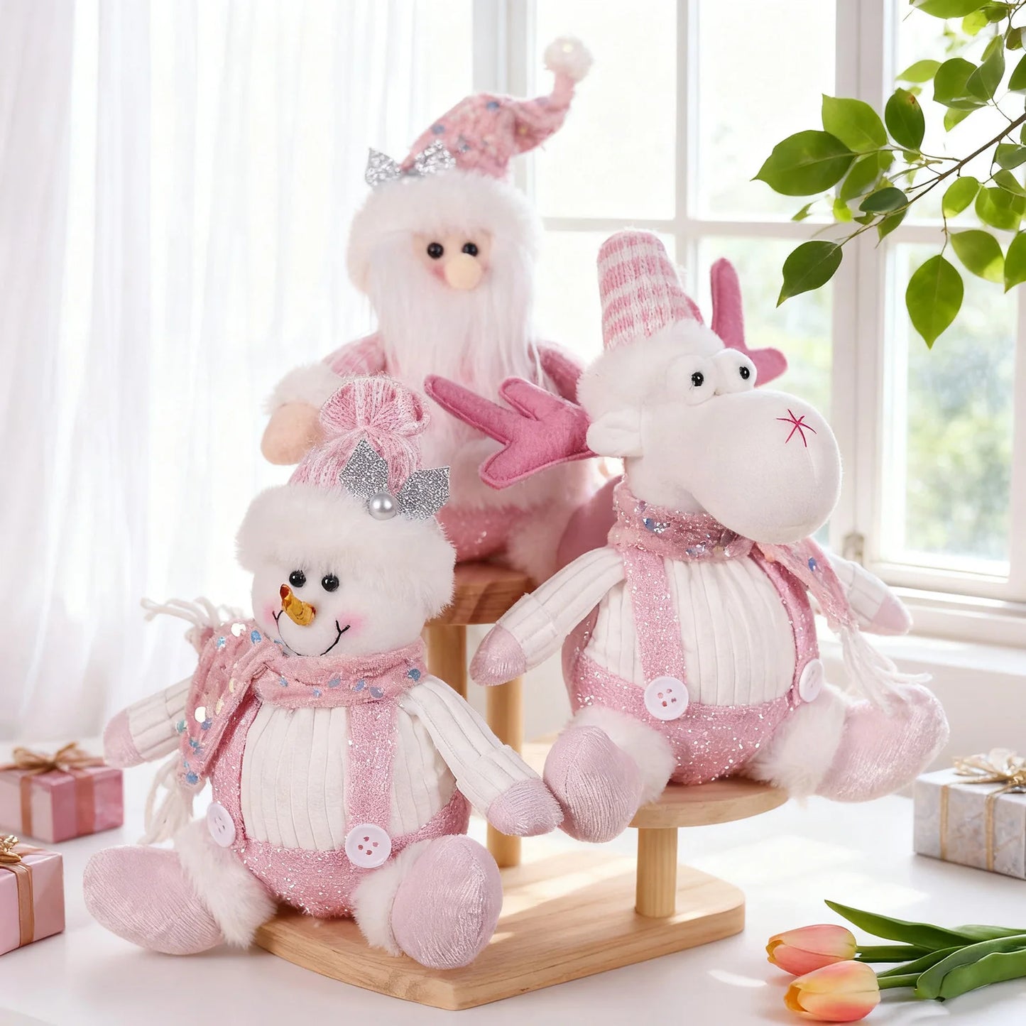 Christmas Decorations Sitting Sequined Cartoon Doll Pink Christmas Series Pendant Christmas Party Scene Dress Up Kids Gifts