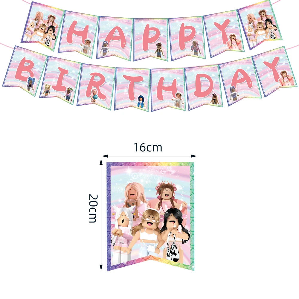 Pink Robloxed Theme Birthday Party Decorations Tableware Set Balloons Cups Plates Banner Backdrop for Girls Baby Shower Supplies