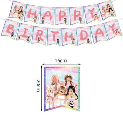 Pink Robloxed Theme Birthday Party Decorations Tableware Set Balloons Cups Plates Banner Backdrop for Girls Baby Shower Supplies