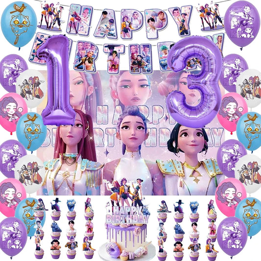 Demon Hunters Party Cutlery Set Banner Backdrop Balloons Cake Topper Outdoor Picnic Supply Birthday for Korean Kpop Anime Party