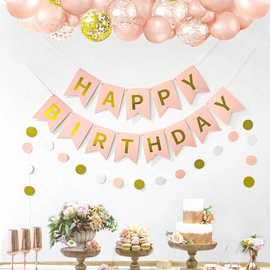 Birthday themed decoration supplies, including 1pc Happy Birthday banner, 1pc round pink flower, pink girl themed birthday party