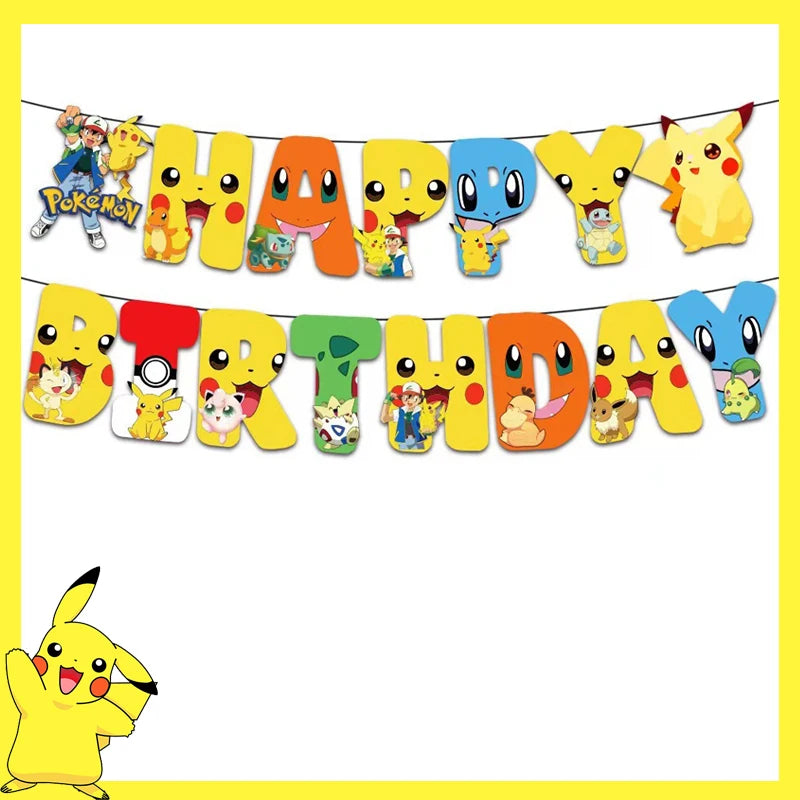 Pokemon Birthday Party Decoration Pikachu Balloons Disposable Tableware Cup Napkin Plate Tablecloth Baby Shower Cake Topper Flag